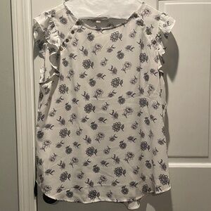 Women's Top, Cap Sleeves, White w/grey and pink floral pattern, The Loft, Size L